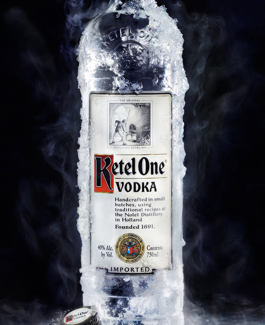 ice cold Ketel One Vodka bottle with steam
