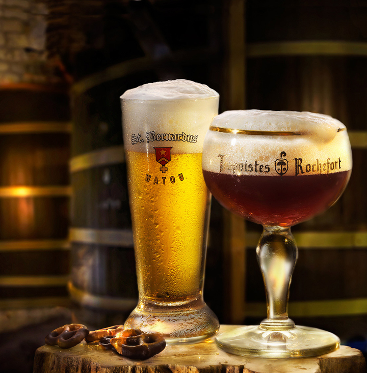 Belgian Beer in Brewery with oak casks in background for hospitality group