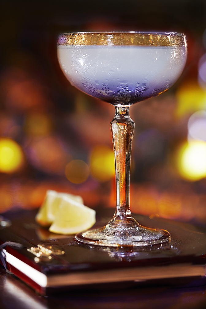 Aviation cocktail at Red Phone Booth bar and private club in Nashville Tennessee  Deaths Door Gin, Luxardo Maraschino, lemon, Creme de Violette. in Nashville Tennessee