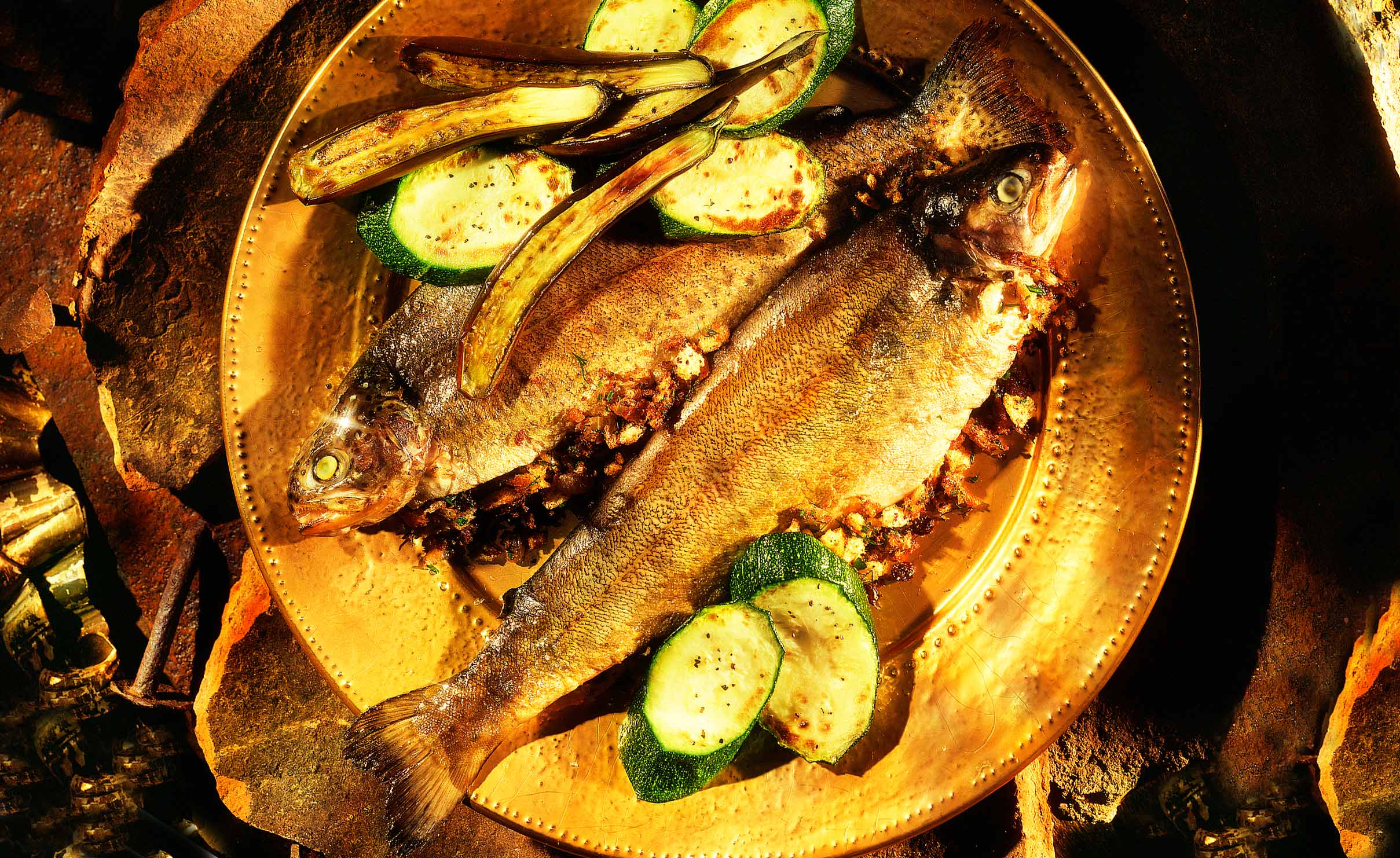 Roasted Trout on Gold Plate shot for Food and Wine magazine, Rick Ellis