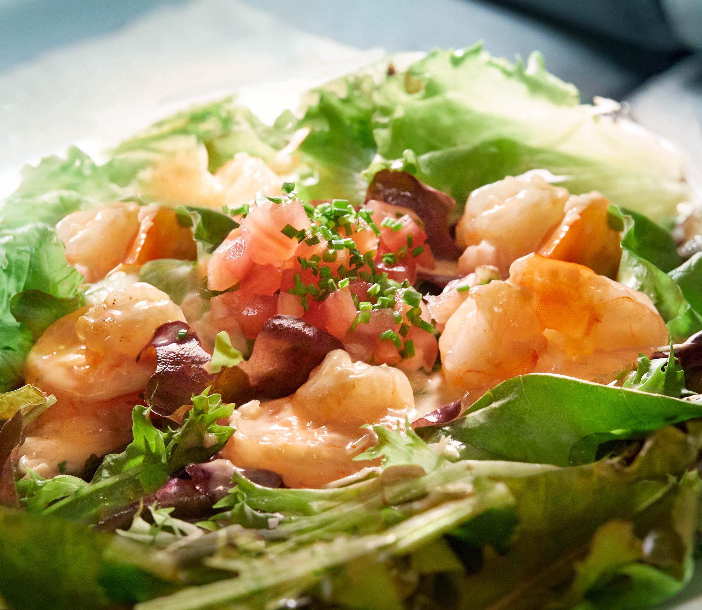 Warm Shrimp Salad , Tender Greens, Avocado, Tomato, Mushroom Truffle Vinaigrette, Champagne Beurre Blanc - Chef Jean-Georges