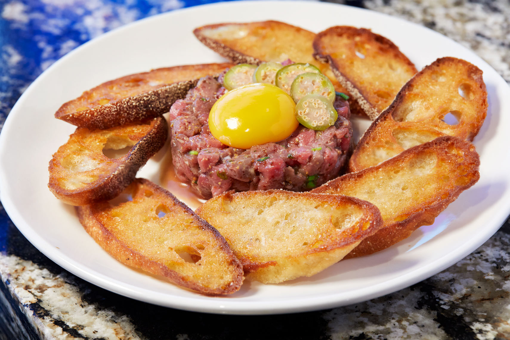 Beef Tartar with raw egg appetizer at The Chef and I restaurant in Nashville Tennessee