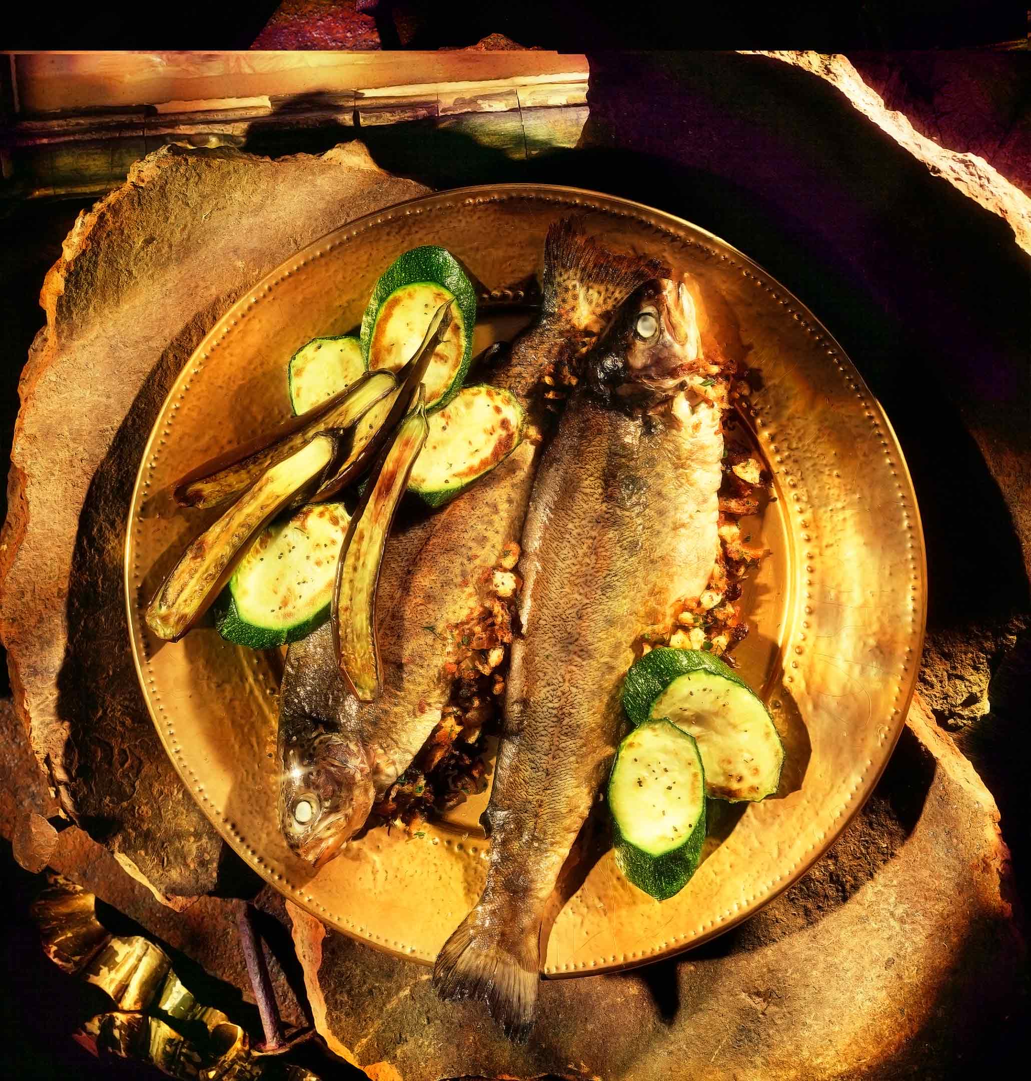 Sautéed Brook Trout with Brown Butter, Pecans, Zucchini and Eggplant